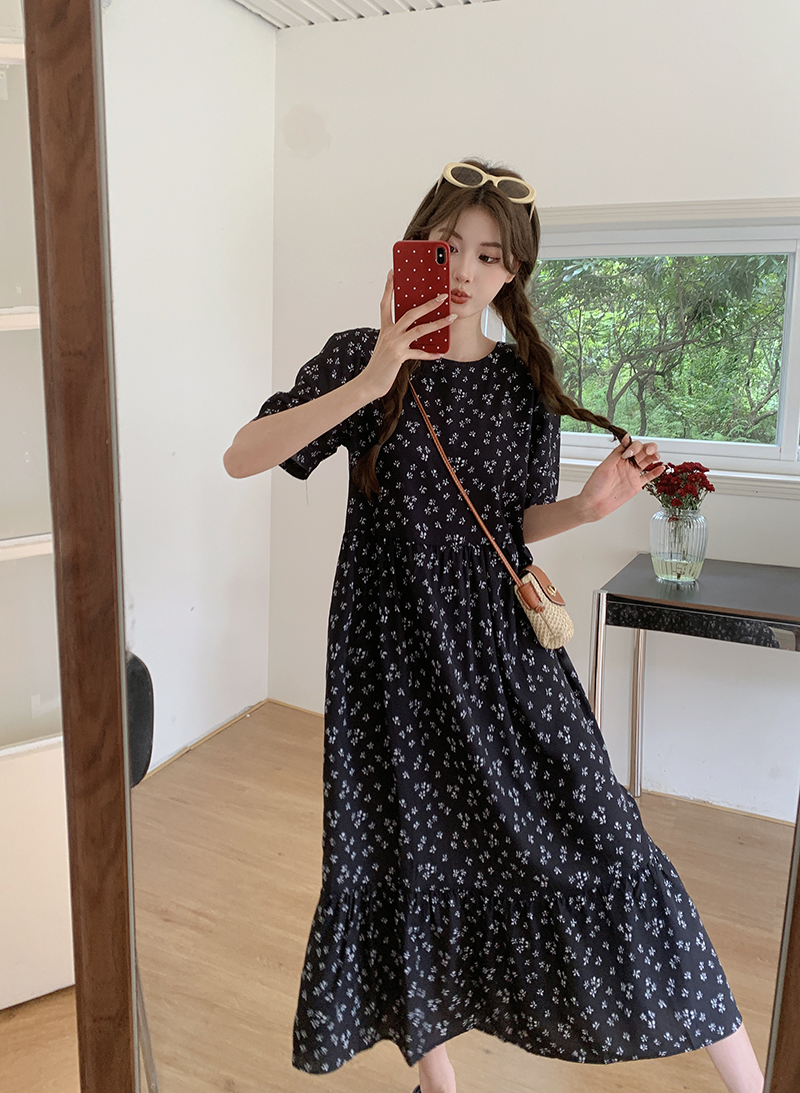 實拍 韓版chic夏季新款法式復古圓領設計寬鬆碎花中長款連衣裙