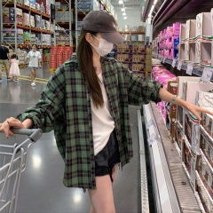 綠色格子襯衫外套女秋季2025新款設計感小眾法式長袖襯衣早秋上衣