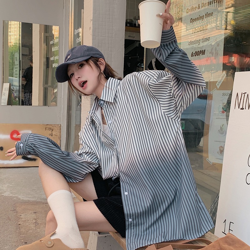 實拍韓系初秋設計感漸變暈染條紋襯衫女2025新款小眾別致長袖慵懶