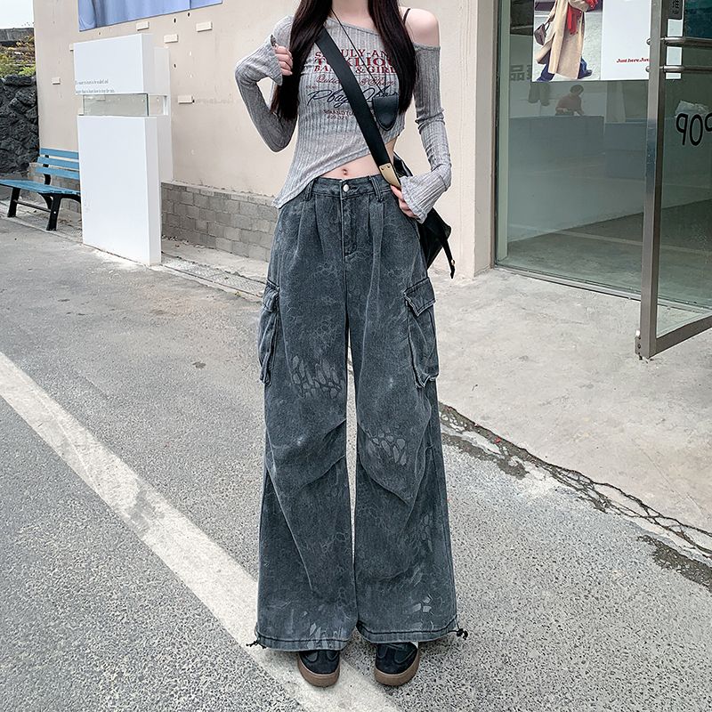 實拍~美式復古做舊迷彩蛇紋工裝牛仔闊腿褲女街頭多口袋長褲