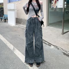 Photographed~American retro distressed camo snake print work denim wide-leg pants for women street style multi-pocket long pants