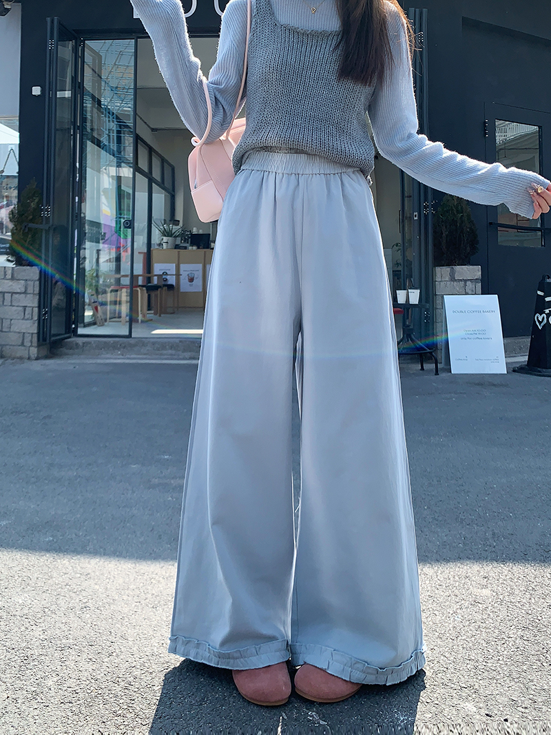 實拍慵懶感休閒褲女春季純色鬆緊腰褲子顯瘦闊腿褲寬鬆垂感拖地褲