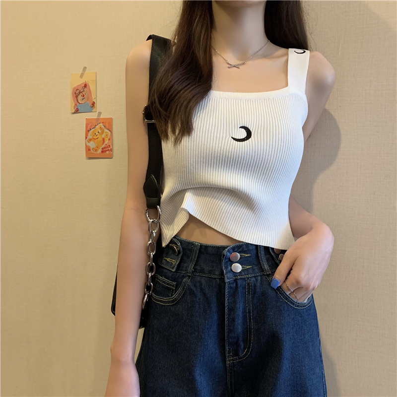 2025春夏季新款月亮刺繡修身內搭上衣外穿吊帶背心女潮