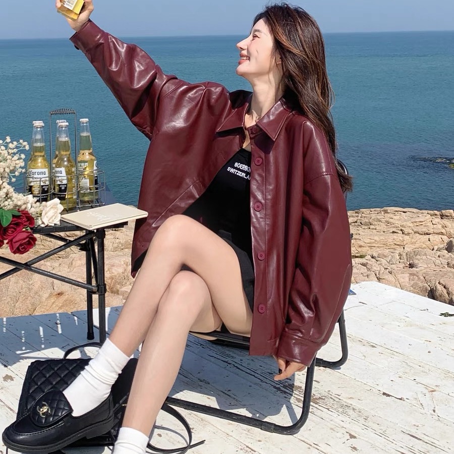 Women's Short Red PU Jacket 2025 Spring New Arrival Loose Casual Retro Leather Biker Jacket Top