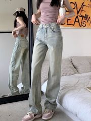 復古高街黃泥牛仔褲女夏季高腰闊腿褲寬鬆顯瘦窄版直筒長褲子