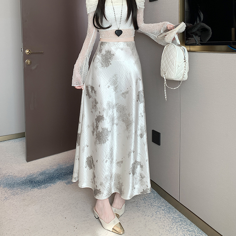 實拍法式醋酸緞面半身裙女遮胯魚尾長裙水墨畫垂感一步包臀裙
