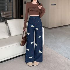 Photographed~Embroidered Dog Print Women's Jeans for Autumn/Winter New Straight Leg High Waist Lazy Relaxed Feeling Denim Pants