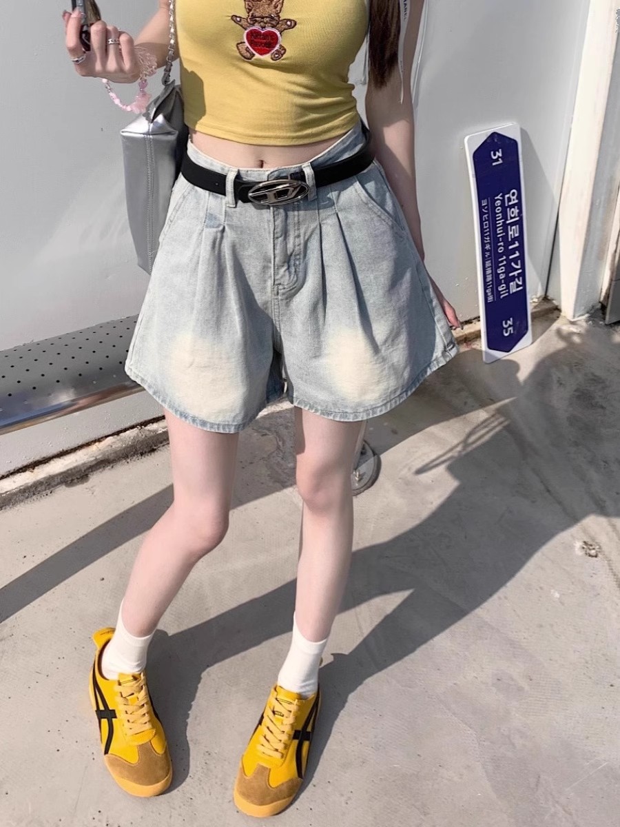 淺色闊腿A字牛仔短褲女夏季薄款顯瘦淺色復古大碼胖MM寬鬆熱褲子