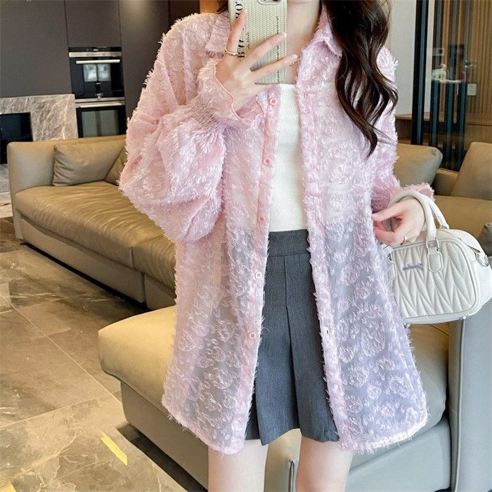 Real photo of the quality thin breathable long-sleeved sunscreen loose lazy style polo collar lantern sleeve shirt