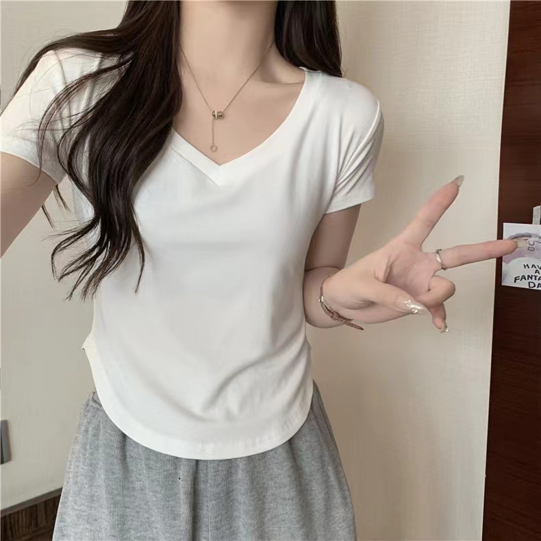 實拍純棉羅紋V領短袖T恤女短款半袖上衣