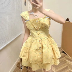 彩虹波點吊帶連衣裙小個子甜美a字裙黃色無袖蛋糕裙女多巴胺