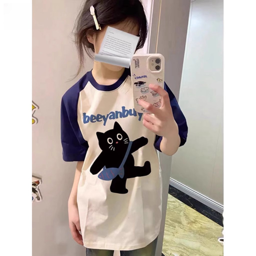 Pure cotton combed tight 210g 100% cotton live quality front printed loose short-sleeved T-shirt for women
