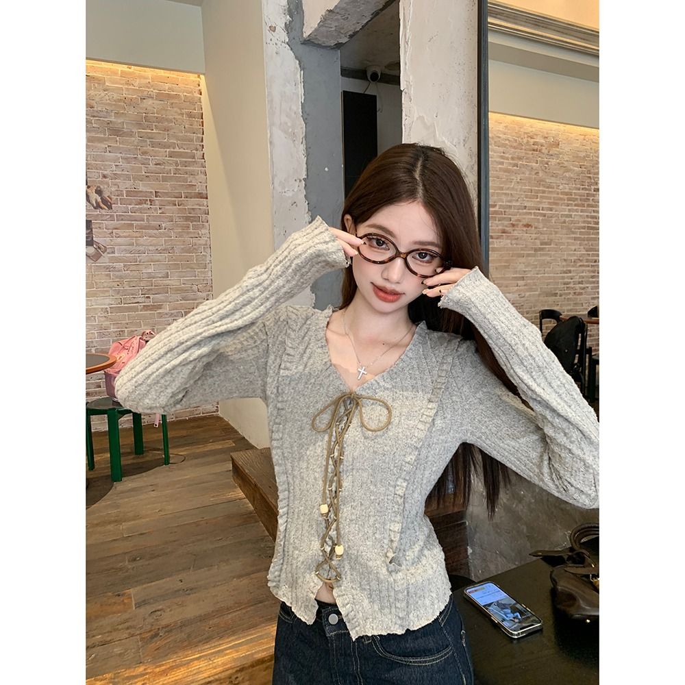 甜辣修身長袖早秋綁帶短款V領長袖上衣女