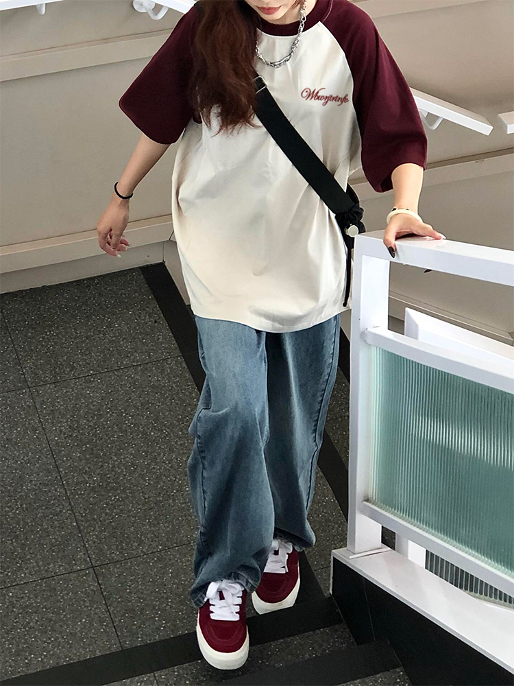 High-quality pure cotton 200g 21 combed tight printed color horn sleeve loose color block short-sleeved shirt for women