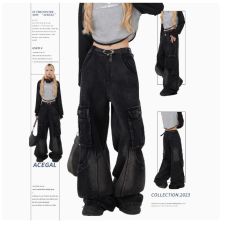 Black jeans, loose wide-leg pants, American street style loose straight drop-crotch work pants