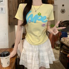 實拍1*1螺紋210克短袖t恤夏2025潮刺繡正肩修身短款圓領上衣女裝