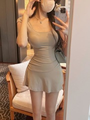 學生性感辣妹u領短袖連衣裙女夏季網紅純欲風a字收腰短款外穿裙子