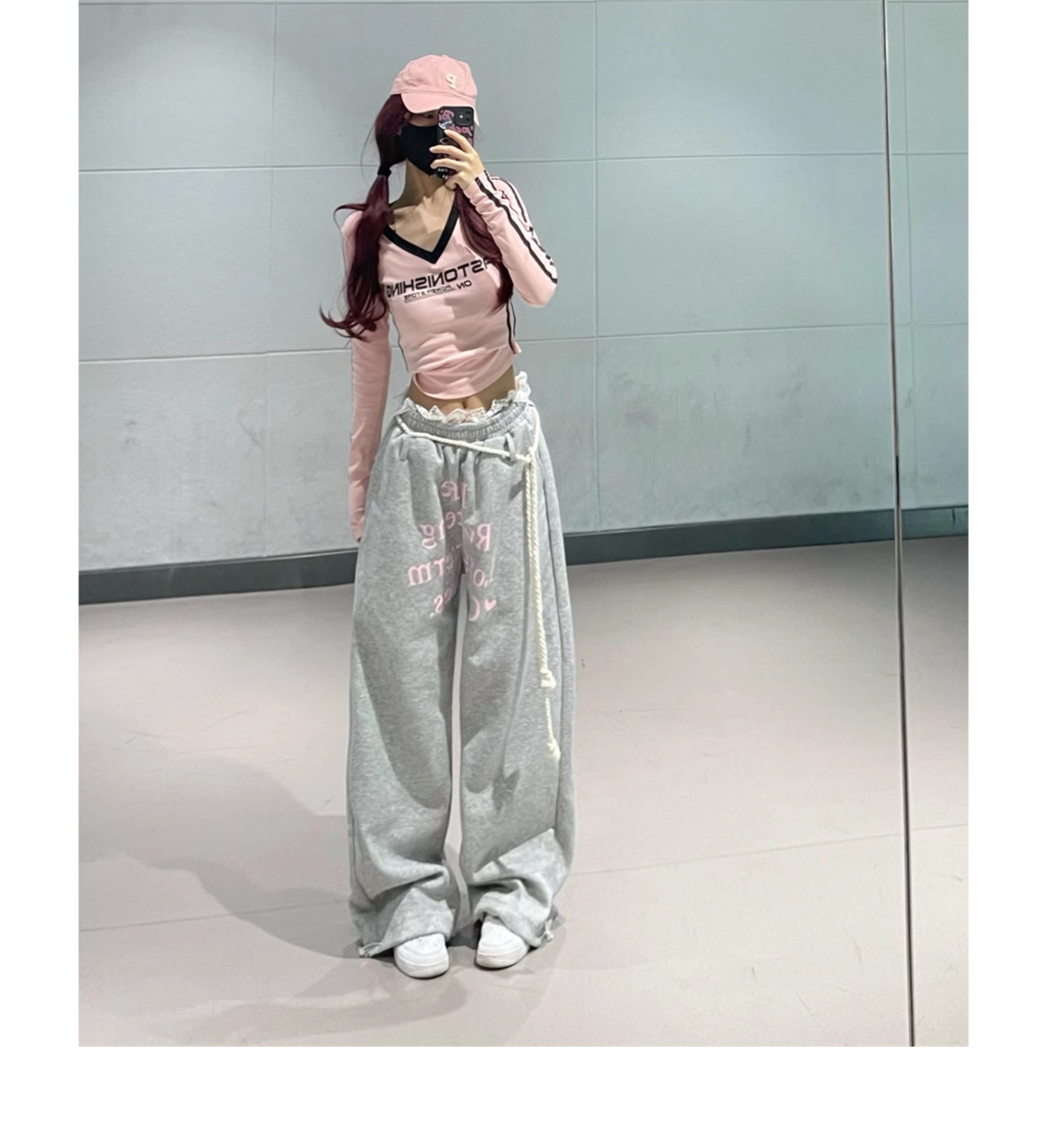 復古字母印花蕾絲拼接運動衛褲女2025早春新款