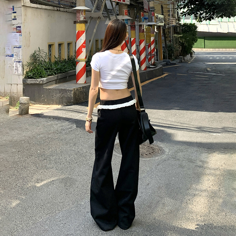 Real-life new style lace contrasting color splicing design elastic waist drooping sports slightly loose flared casual sweatpants for women