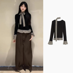 原版做工黑色系帶格紋拼接假兩件打底女洋氣內搭修身長袖T恤