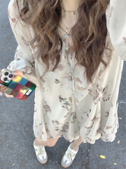 Actual shot #French gentle style V-neck ribbon long-sleeved dress for women with floral print loose large swing A-line short skirt