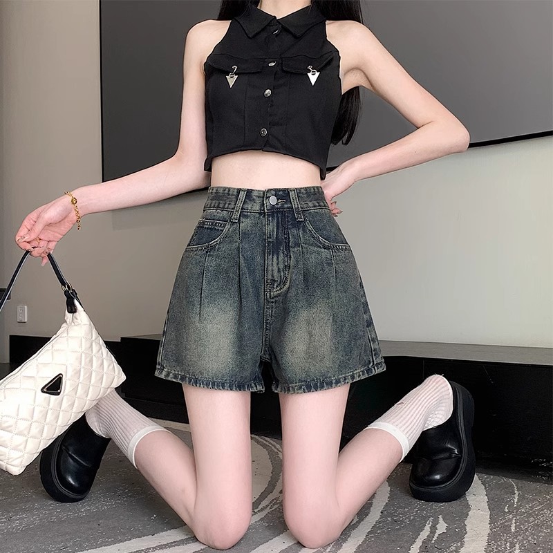 夏季新款闊腿牛仔短褲女高腰做舊大碼胖MM顯瘦A字熱褲子潮