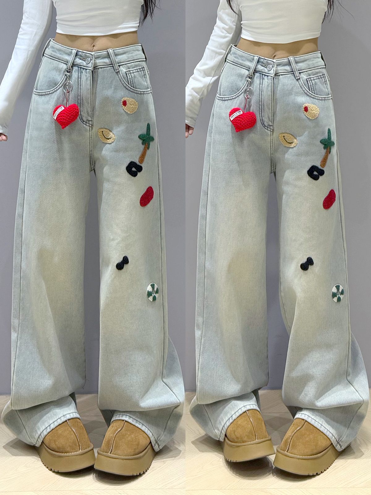 美式早春新款牛仔褲女設計感小眾刺繡寬鬆高腰直筒闊腿拖地褲