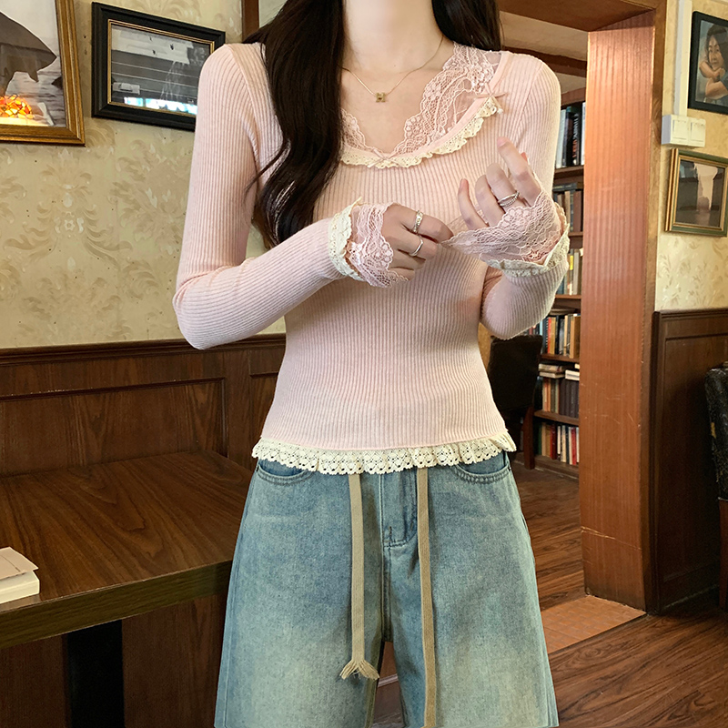 實拍原版質量長袖t恤女裝2025春季新款薄蕾絲修身打底衫圓領上衣