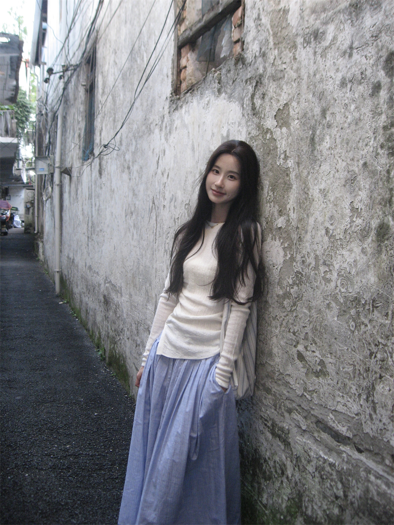 實拍#法式設計感斜扣開叉修身長袖圓領外穿針織衫上衣女