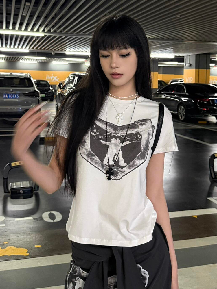 High-quality pure cotton 210g 40 Odale with elastic front printed slim short-sleeved T-shirt for women
