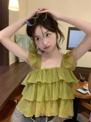 甜美方領吊帶背心女2025新款荷葉邊設計感顯瘦短款別致小衫