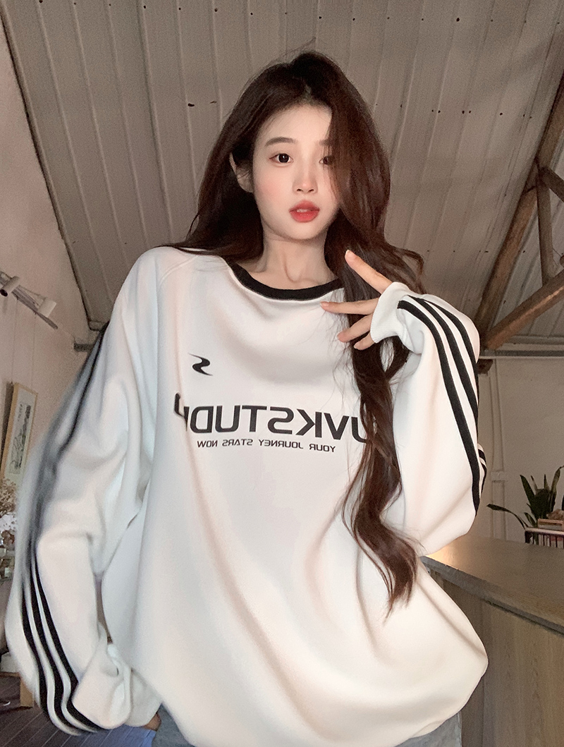 實拍衛衣男女情侶裝早春新款薄款中長款2025印花條紋圓領韓版上衣