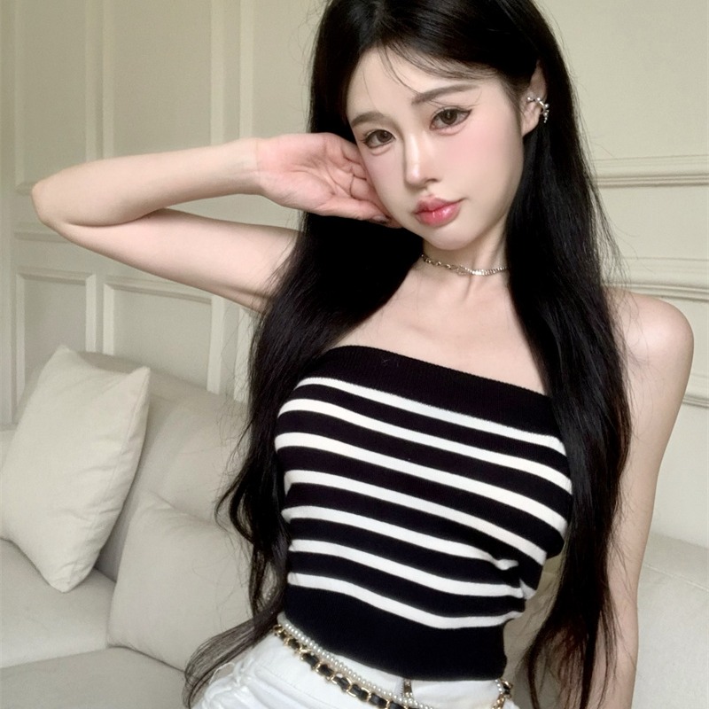 設計感小眾別致條紋內搭打底抹胸一字肩女純欲風性感辣妹無袖上衣
