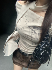 一字肩T恤女短款別致設計感露肩長袖上衣