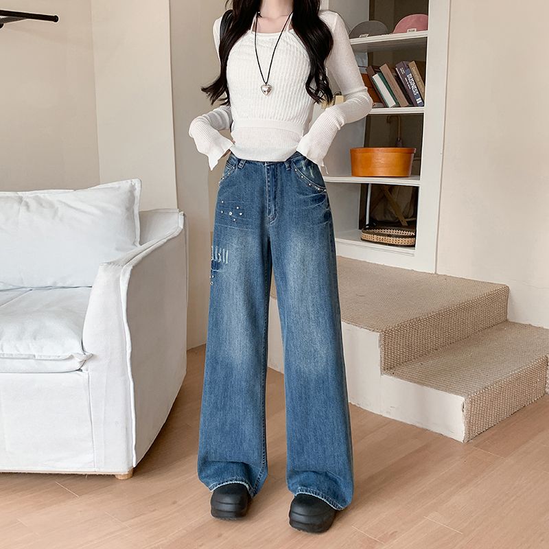 實拍~美式復古鉚釘水洗直筒牛仔褲女新款做舊設計辣妹闊腿褲