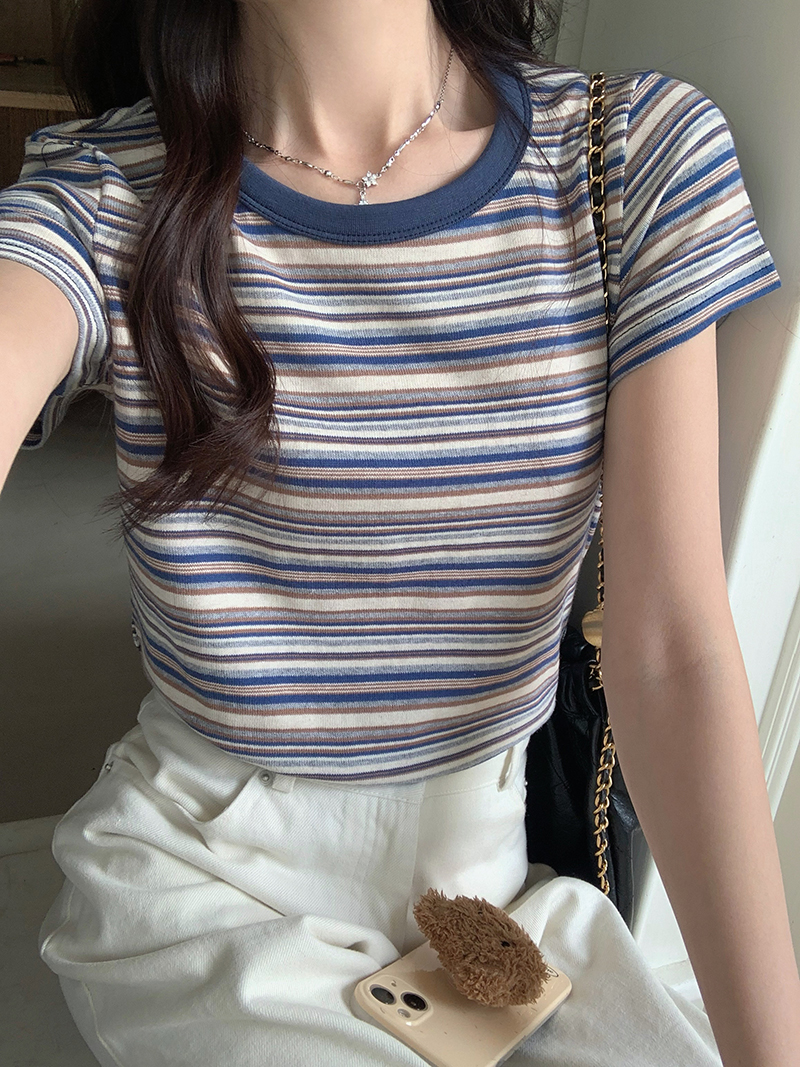 實拍180克純棉條紋短袖t恤女夏2025短款修身正肩圓領上衣韓版女裝