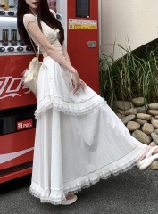 實拍蕾絲拼接蛋糕裙半身裙女高腰顯瘦垂感荷葉邊a字大擺長裙