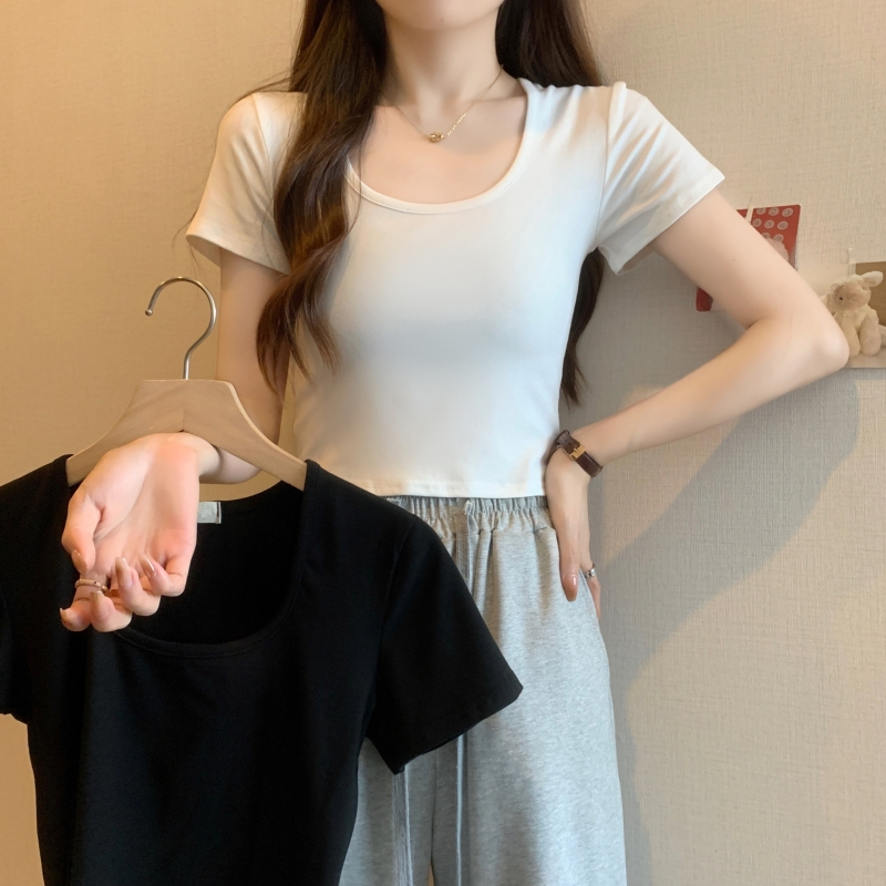 實拍 40支純棉210克92棉/8氨綸純色短款短袖T恤女U領