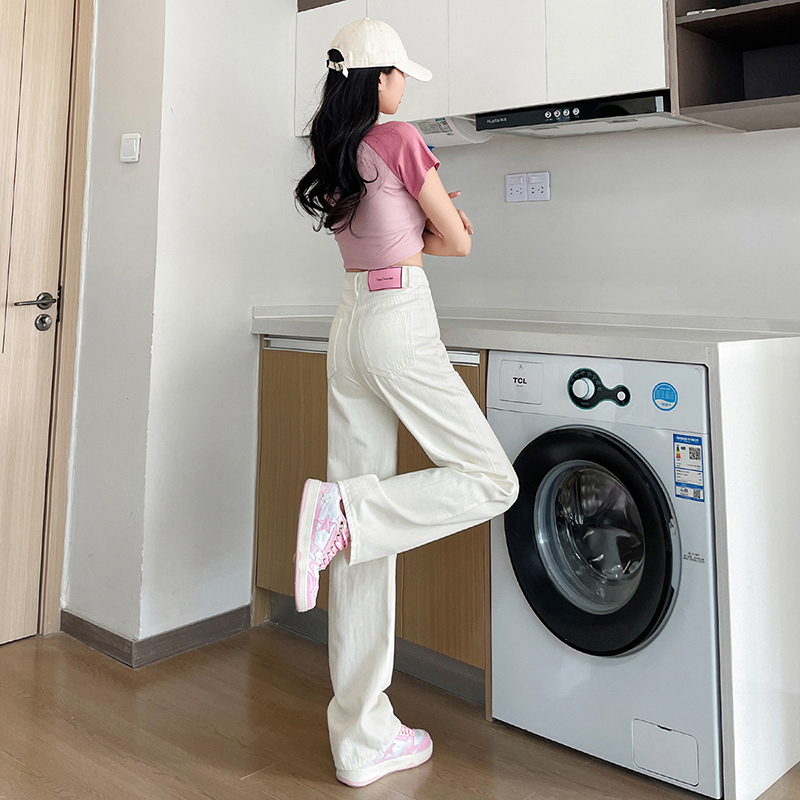 2025高個子白色闊腿寬鬆高腰牛仔女百搭顯高直筒初春清新長褲加長