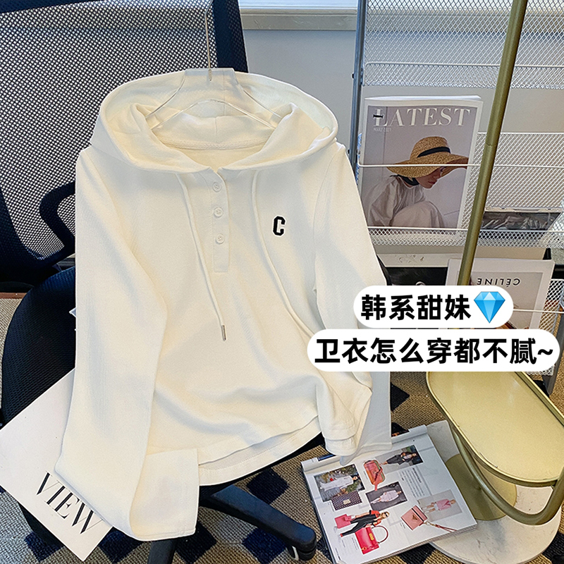 實拍原版質量長袖t恤女薄款2025早春新款短款刺繡花韓版連帽上衣