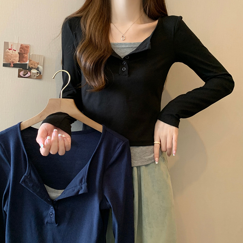 實拍1比1螺紋210克打底衫女早春新款薄款短款V領假兩件長袖t恤