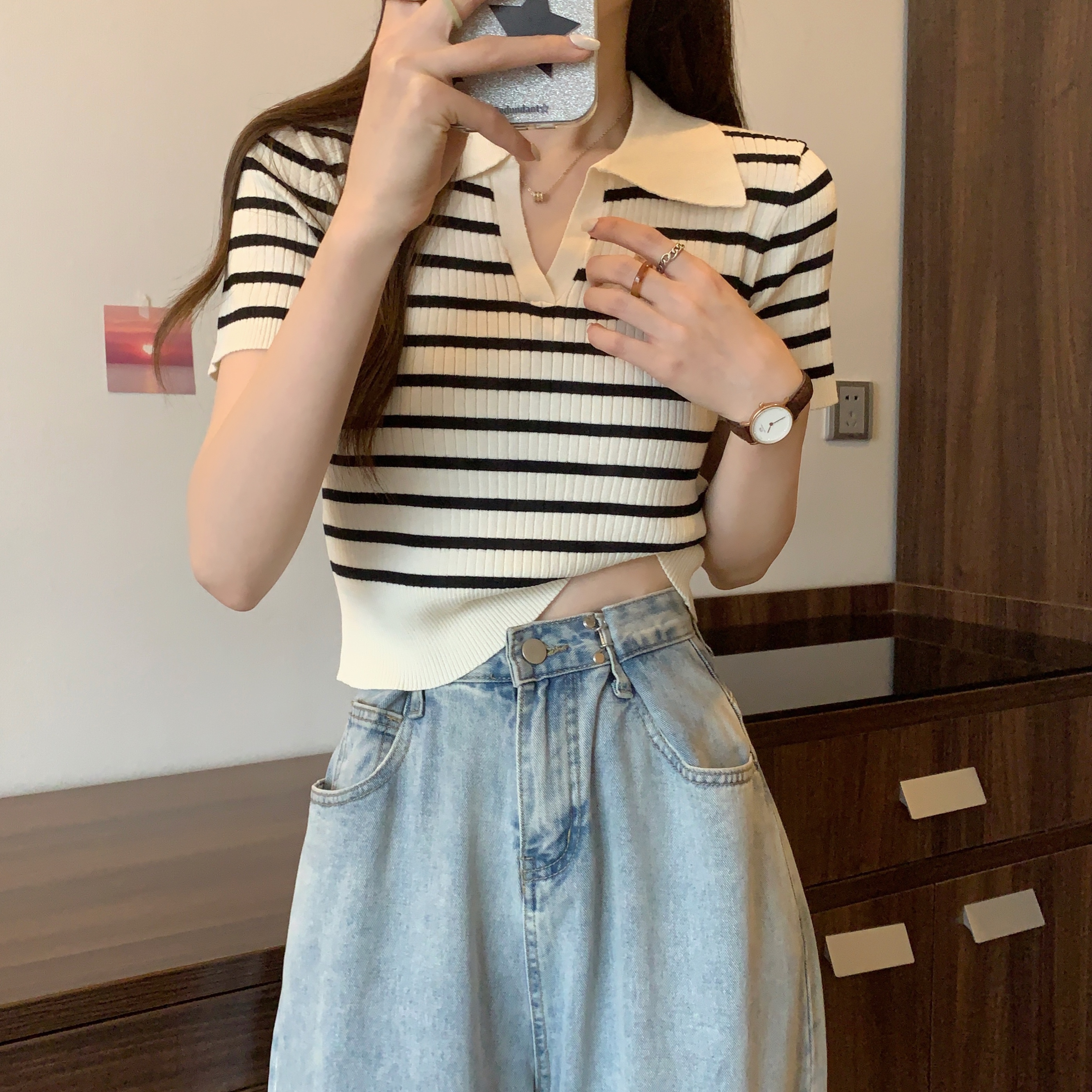 女裝夏季新款條紋冰絲針織衫正肩短袖T恤胖mm顯瘦Polo領短款上衣