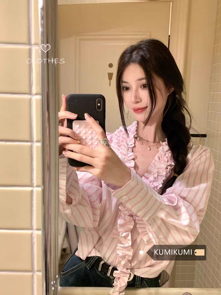 甜美風粉色條紋襯衫設計感木耳邊長袖寬鬆襯衣女裝春季V領上衣