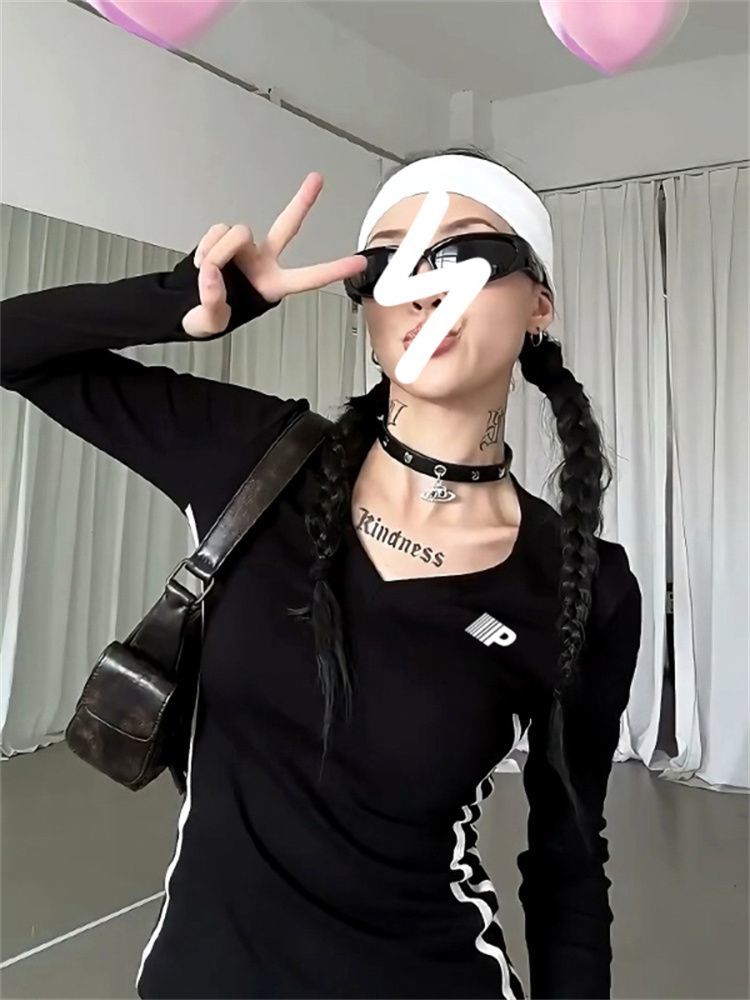 美式辣妹條紋v領長袖T恤秋冬新款德絨修身別致設計感上衣