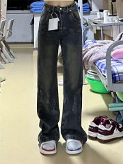 美式高街復古高腰闊腿牛仔褲女春秋2025新款寬鬆顯瘦微喇直筒長褲