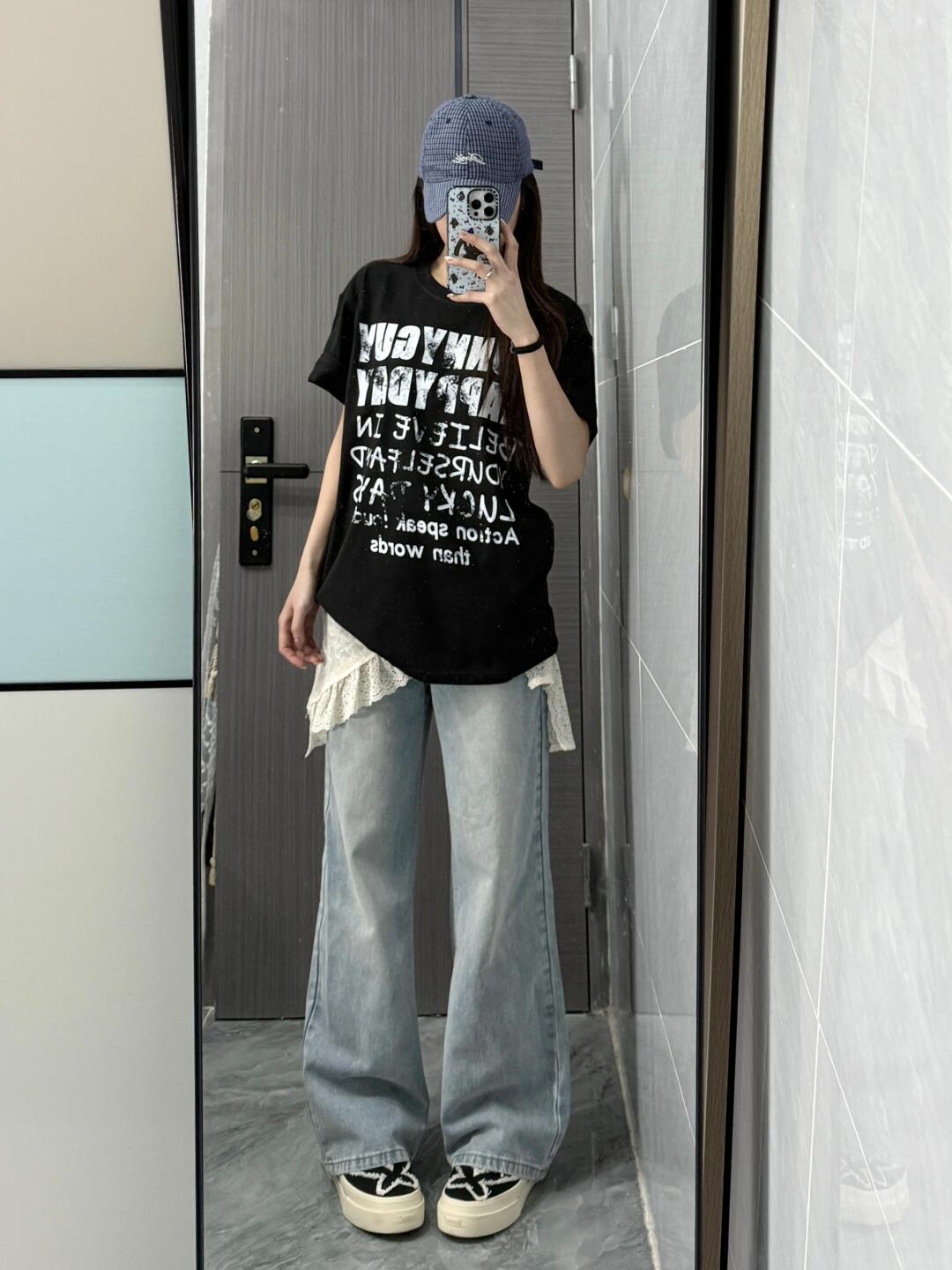High-quality pure cotton 200g combed tight 100% cotton live broadcast same product front printed loose short-sleeved T-shirt for women