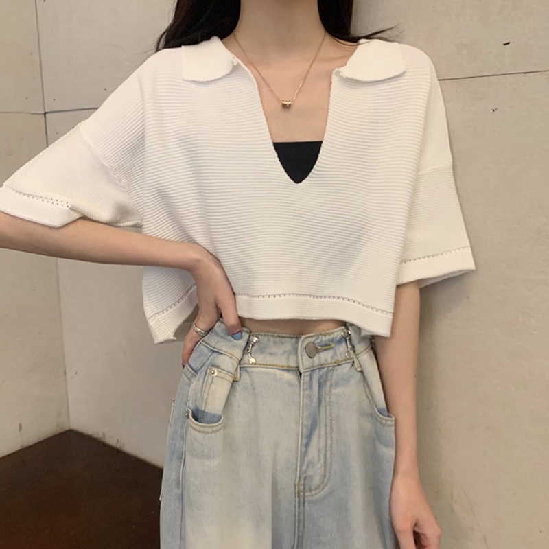 V領短袖針織衫女裝夏季2025新款網紅韓版寬鬆辣妹短款上衣服