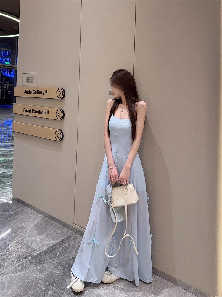 French heavy industry blue bow suspender long skirt with multiple design and slim seaside vacation style dress
