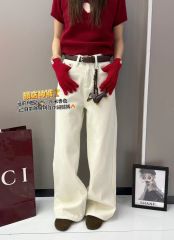 歐貨早春季新款韓版高腰顯瘦配掛件牛仔褲直筒牛仔無彈闊腿長褲