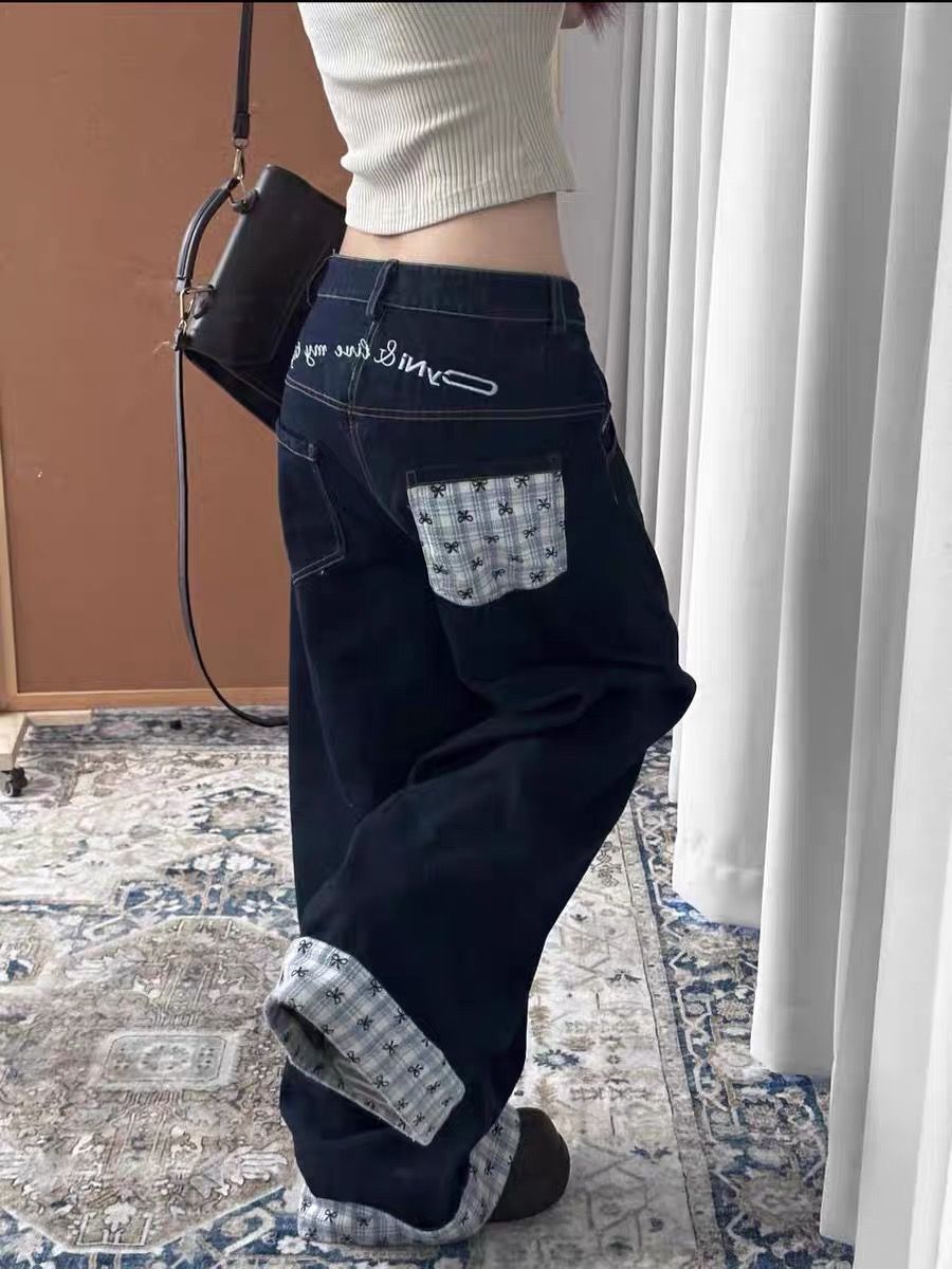 字母刺繡蝴蝶結格子拼接牛仔褲女春秋季新款寬鬆直筒闊腿拖地褲子